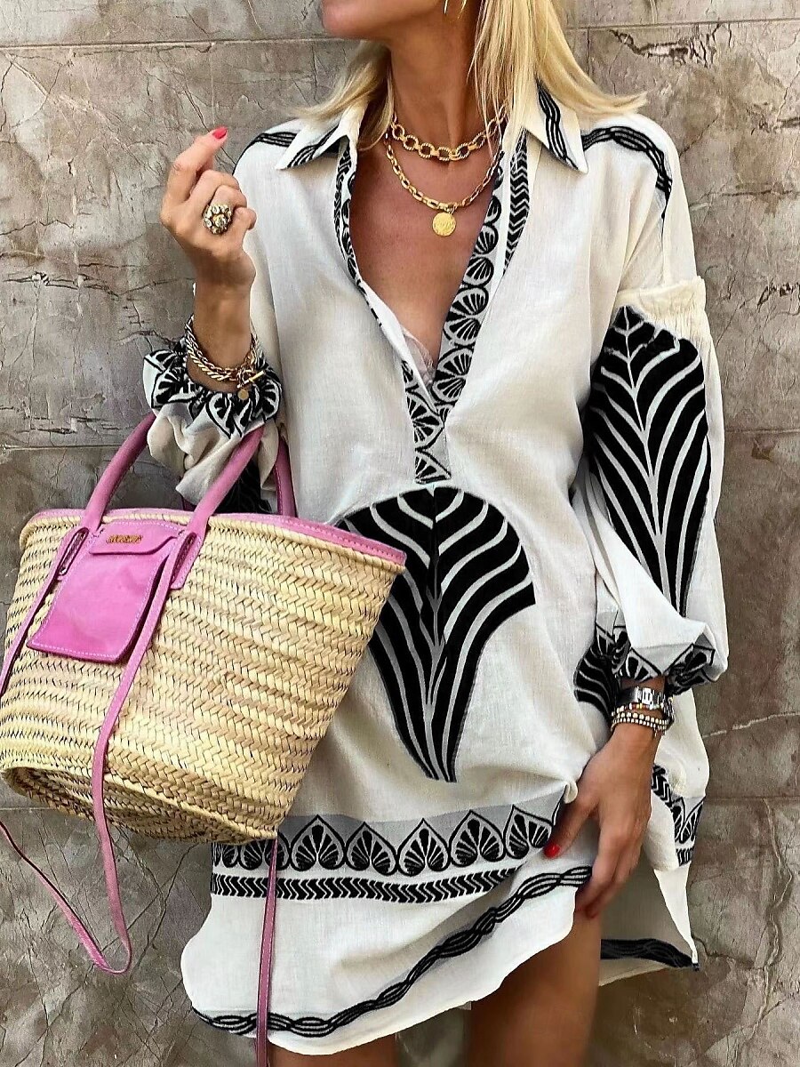 Pentru femei Rochie Mini Rochii Tip Cămașă Rochie casual Casual Zilnic Fit regulat Geometric Manșon Lung Guler Cămașă Negru Albastru piscină Trifoi Vară Primăvară Toamnă 2025 - $35.99 –P3