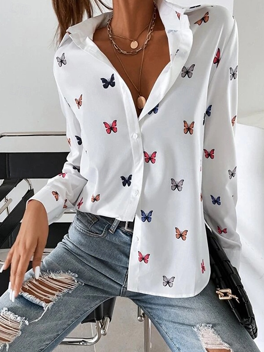 Per donna Camicia Farfalla Manica lunga Colletto Top regolari Collage Bianco Primavera & Autunno del 2025 a $27.99 –P1