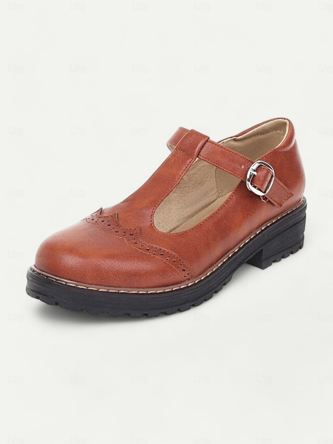 chaussures Mary Jane en similicuir marron clair pour femmes avec bride en T et détails brogue, semelle robuste pour un port quotidien confortable et des tenues de style vintage de 2025 ? $54.99 –P4