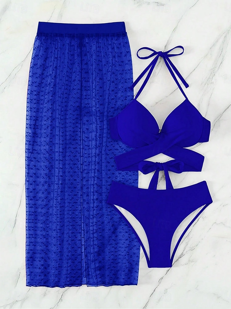 Damen Badeanzug Bikinis Drei Stück Rock Bademode Rückenfrei Schlank Urlaub Strandbekleidung Feste Farbe Halfterhals Ärmellos Badeanzüge 2025 - $31.99 –P4