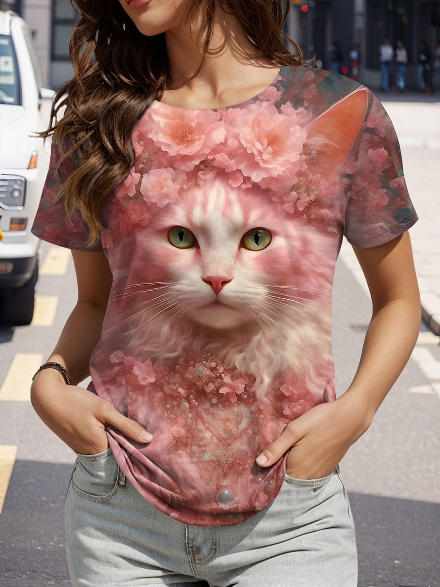 Dame T skjorte Blomstret Katt Fritid Kortermet Rund hals Vanlige topper Daglig Trykt mønster Rosa Sommer 2025 - $19.99 –P1