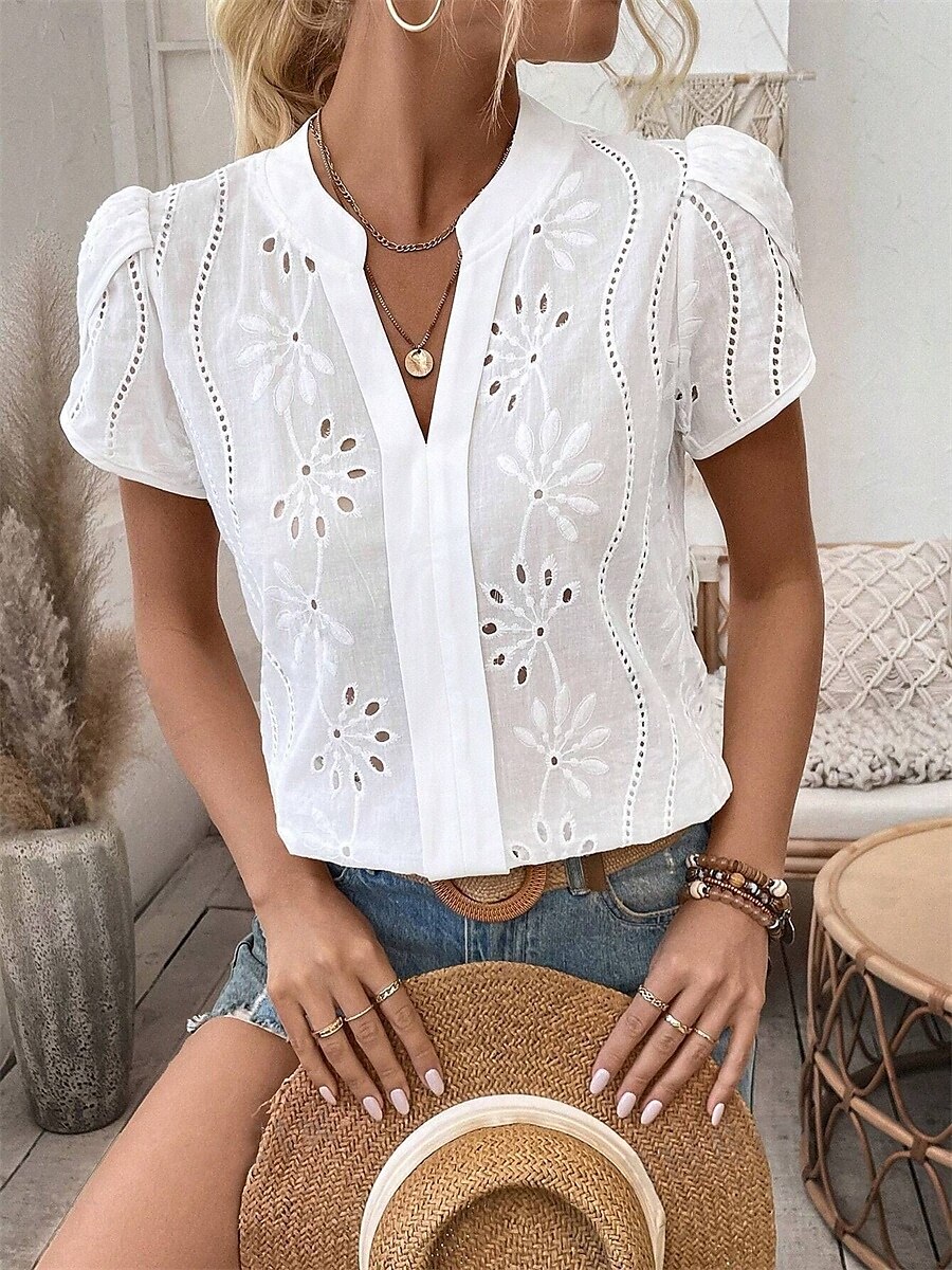 Dame Skjorte Bluse Helfarge Daglig Stilfull Fritid Kortermet V-hals Vanlige topper Arbeid Daglig Ut på byen Broderi Hvit Sommer Vår 2025 - $32.99 –P6