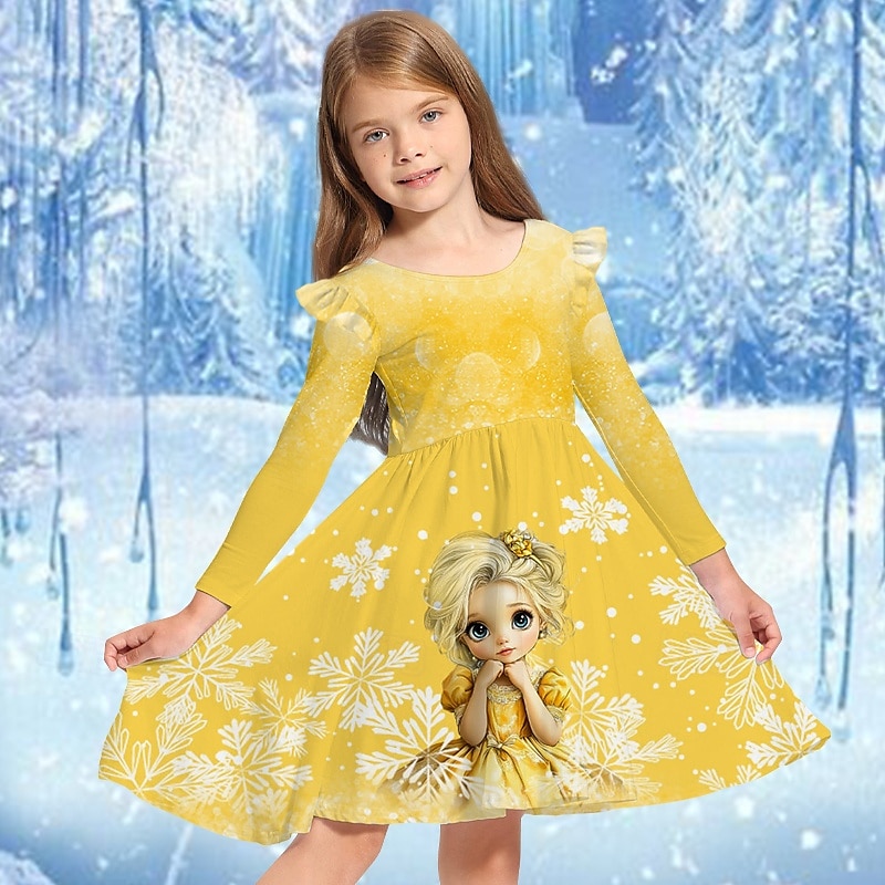 Tyttöjen 3D Kuvitettu Piirretty Mekko Ruffle mekko Pitkähihainen Kesä Kevät Loma Päivittäin Pyhäpäivä Prinsessa Kaunis Makea Lapset 4-12 vuotta Rento mekko A linjainen mekko Polvipituinen Normaali 2025 - $15.99 –P1
