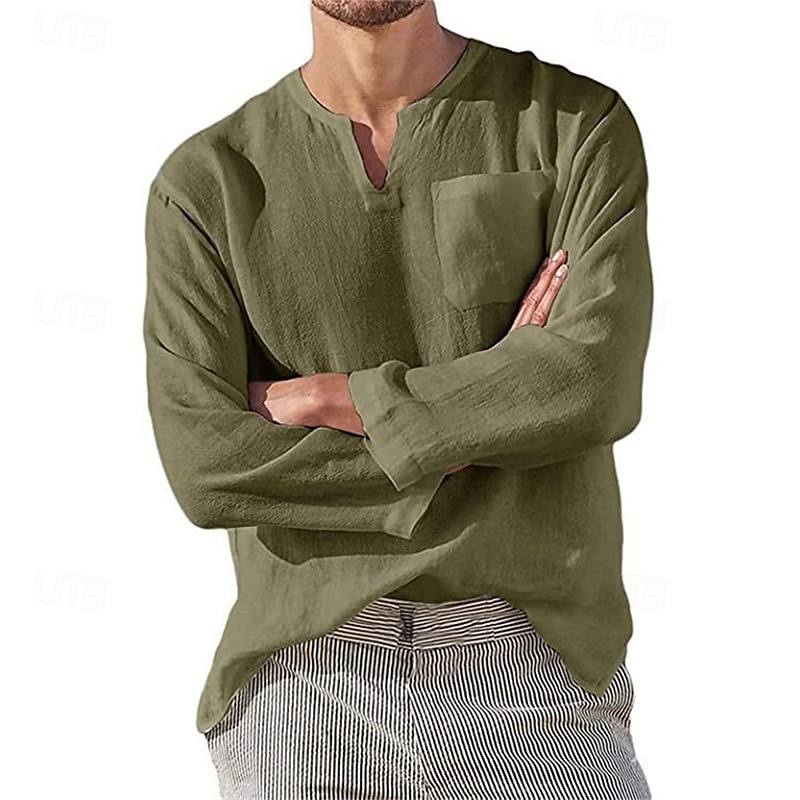 Homme Chemise Chemise Lin Chemise décontractée Plein Vacances Hawaïen Noir Blanche Vert Abricot manche longue Col V Printemps & Automne Vêtement Tenue Poche de 2025 ? $4.99 –P9
