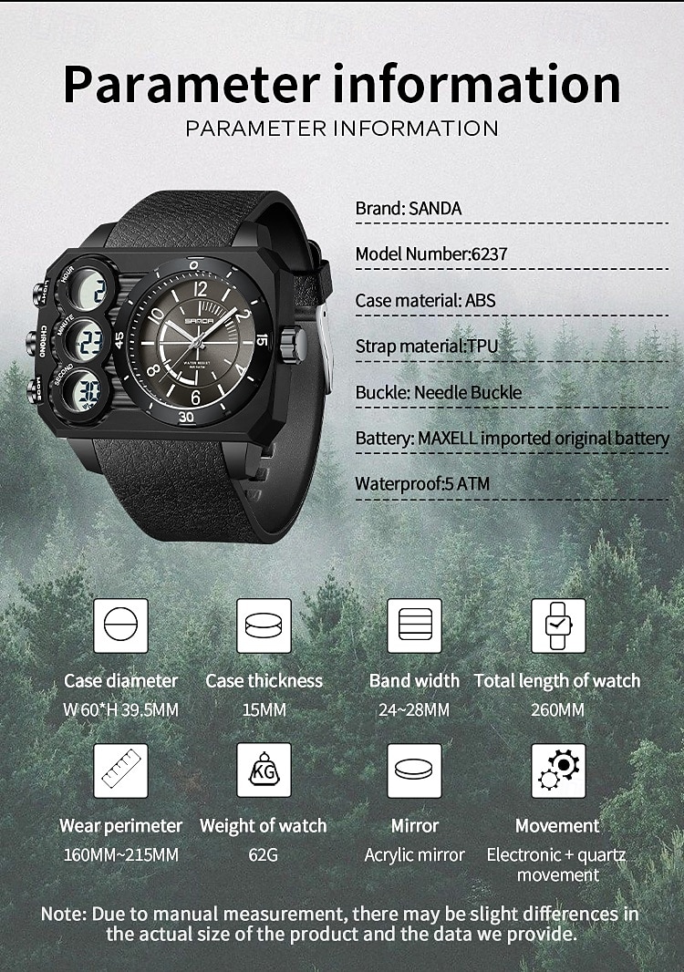 SANDA Мужчины электронные часы На открытом воздухе Мода Повседневные часы Наручные часы Светящийся будильник С тремя часовыми поясами Календарь ТПУ Часы 2026 - $26.99 –P8