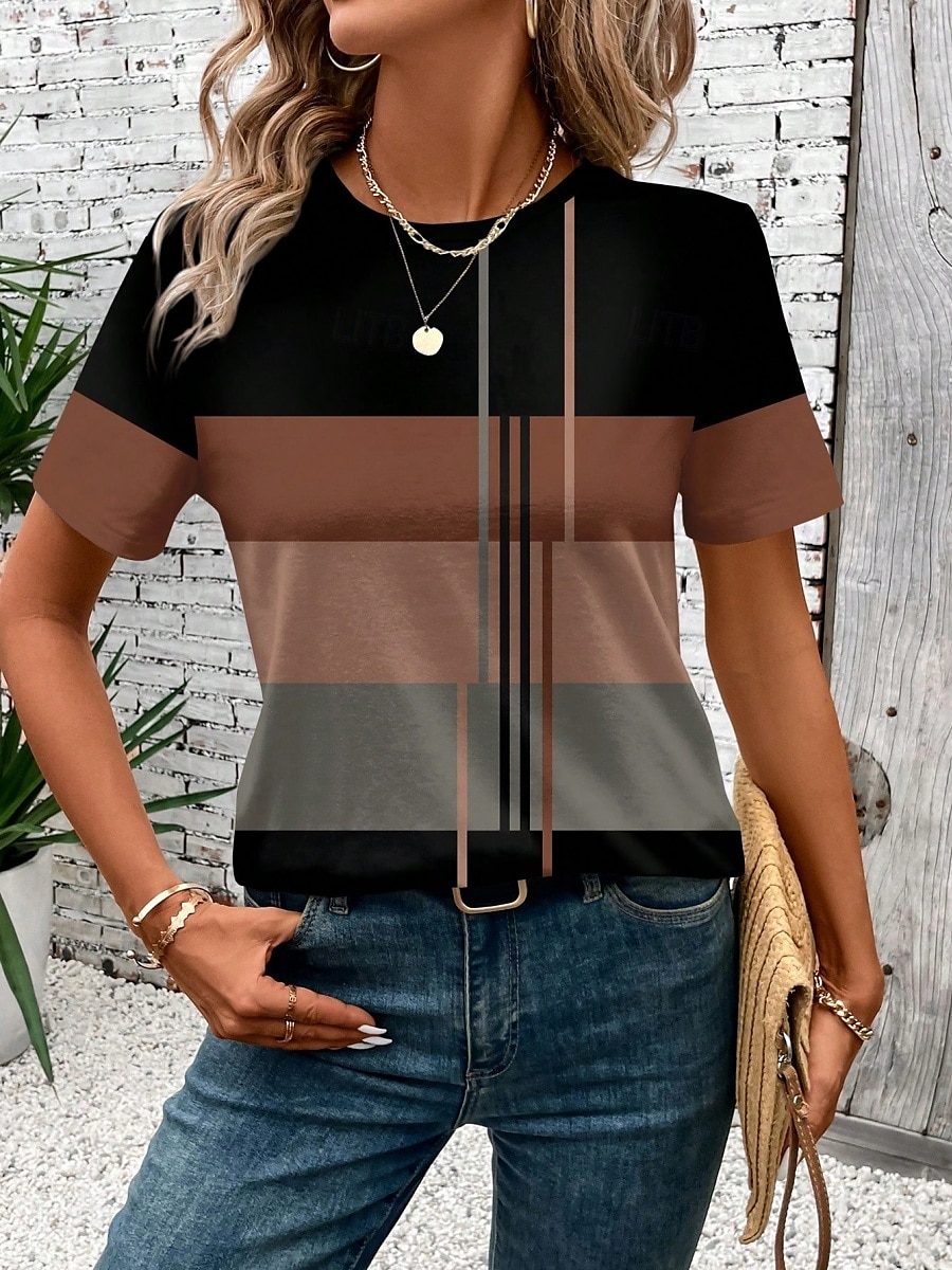 Femme T shirt Rayé Décontractées Manche Courte Col Rond Hauts réguliers du quotidien Imprimer Noir Eté de 2025 ? $19.99 –P3