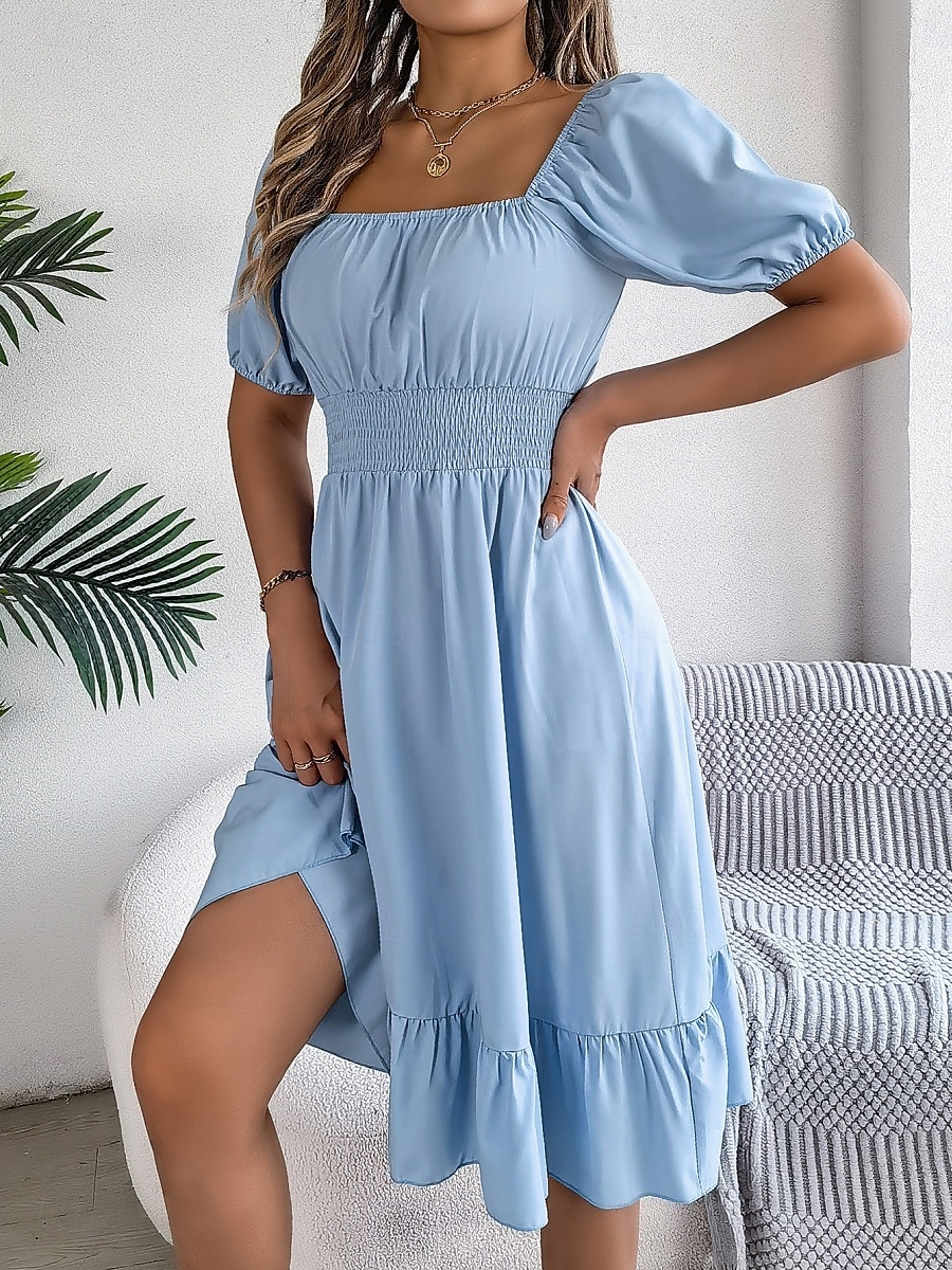 Per donna Mini abito Abito casual Abito linea A Abito da lattaia Moda Essenziale Informale Da mare Giornaliero Standard Liscio Manica corta Squadrata Cachi Azzurro Estate Primavera del 2025 a $31.99 –P4
