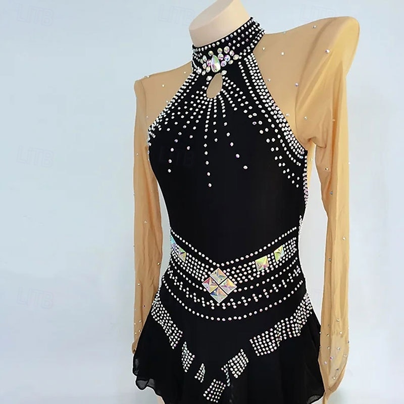 Vestido de patinaje artístico Mujer Chica Patinaje Sobre Hielo Vestidos Negro Retazos Dedo Pulgar Malla Alta elasticidad Entrenamiento Competición Ropa de Patinaje Clásico Cristal / Strass Manga Larga 2025 - $142.99 –P2