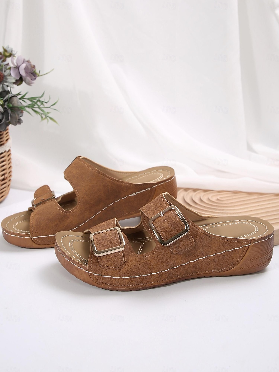 Women's Dark Blue Double Buckle Slip-On Sandals with Cushioned Sole, Casual Summer Shoes for Beach and Everyday Wear 2025 - $26.99 –P3