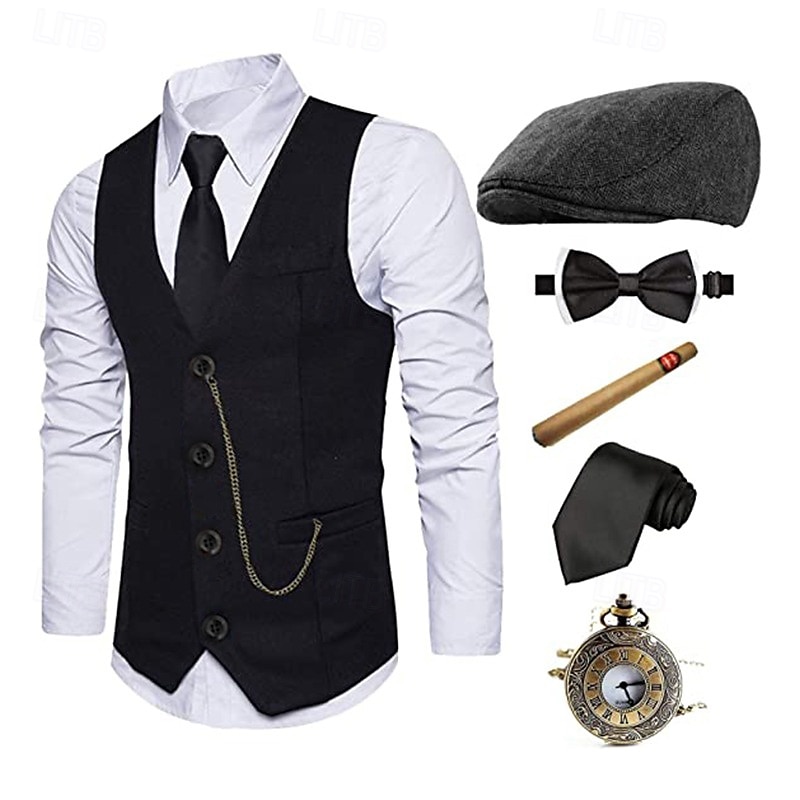 Velký Gatsby Gentleman Gangster Retro Řvoucí 20s 20. léta 20. století Úbory Kamizelka Panamský klobouk Sada příslušenství Pánské Kostým Retro Kostýmová hra Maturitní ples Festival Nákrčník Vánoce 2025 - $44.99 –P16