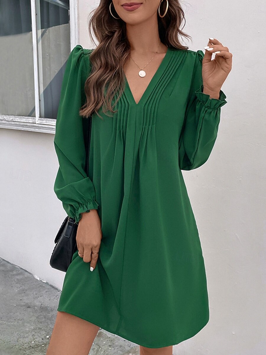 Women's Casual Dress Mini Dress Ruched Casual V Neck Long Sleeve Green Color 2025 - $41.99 –P1