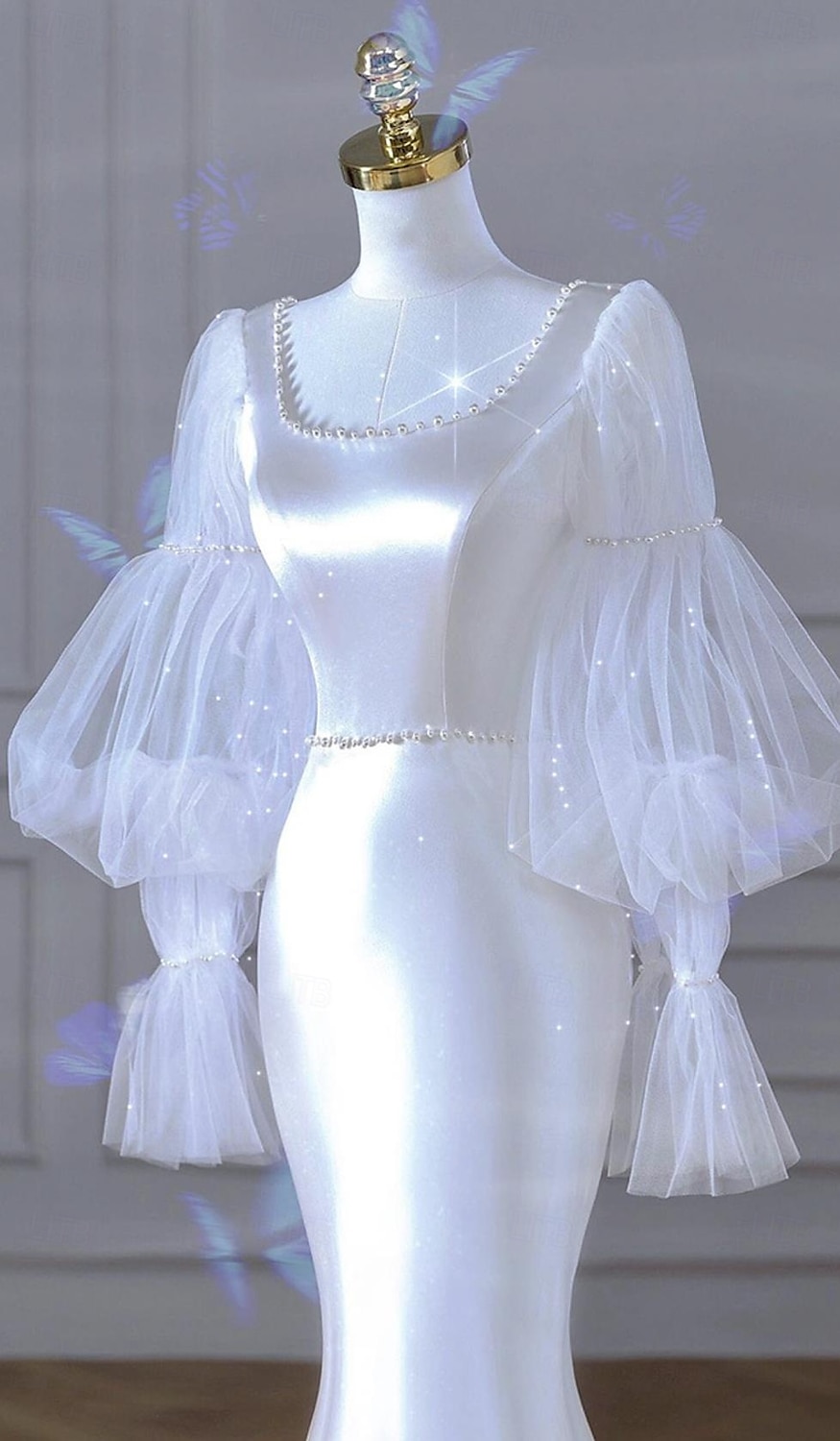 Abiti da Sposa Sirena  Tromba Scollo a Cucchiaio Manica Lunga Coda di Corte in Taffetà Abiti Sposa con Perle del 2025 a $144.99 –P3