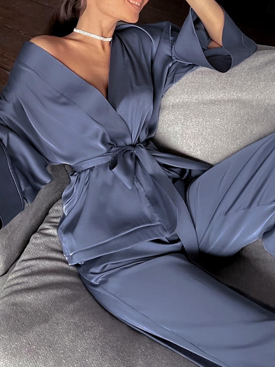 Per donna Set pigiama Informale Comoda Colore puro Vita elastica Top dell'accappatoio Pantalone Interni Giornaliero Mezza manica A V Nero Blu Verde Estate Primavera Autunno Standard del 2025 a $24.99 –P1