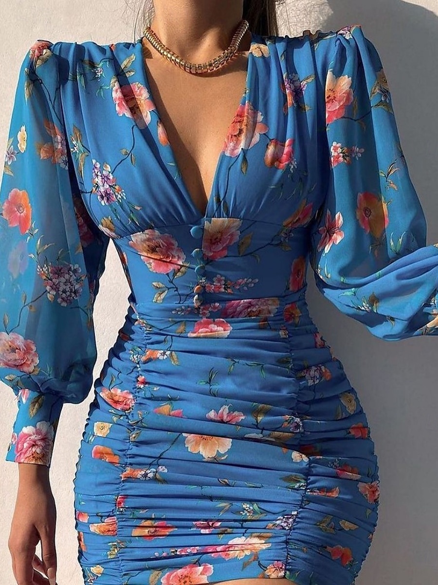 Damskie Sukienka mini Codzienne sukienki Bodycon Elegancki Codzienny Urlop Codzienny Regularny Kwiaty Długi rękaw W serek Zielony Jasnoniebieski Wiosna Jesień 2025 - $51.99 –P3