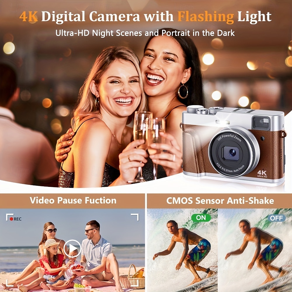4K UHD Point and Shoot Camera Digicam with Auto Focus Compact Digital Camera Travel Camera with Auto Focus 48MP Vlogging Camera 2025 - GBP £102.14 –P4