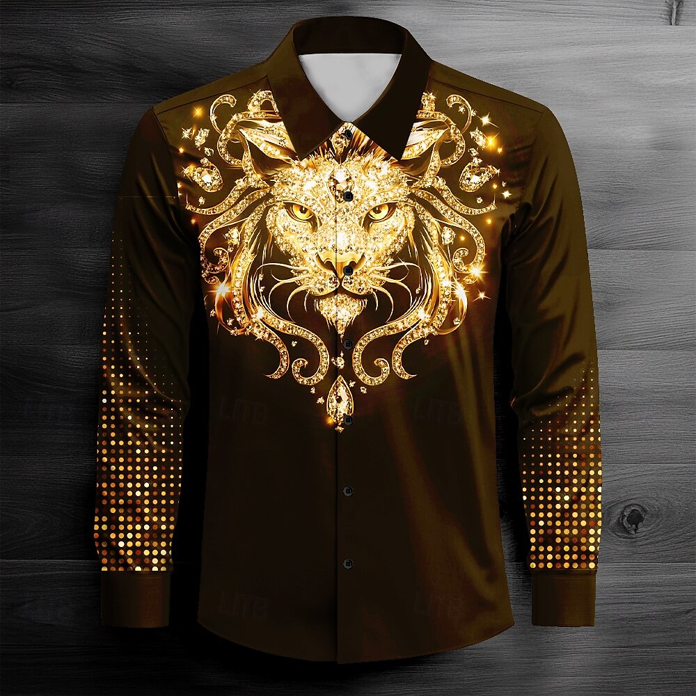 Per uomo Leone Camicia con colletto Camicia con bottoni Manica lunga Scuro Casual Informale Primavera Autunno Collo ripiegabile Abbottonare Nero Giallo Blu del 2025 a $26.99 –P5