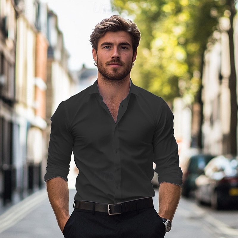 Men's Shirt Dress Shirt Plain Wedding Business Black White Navy Blue Blue Long Sleeve Collar Summer Clothing Apparel 2026 - $28.99 –P2