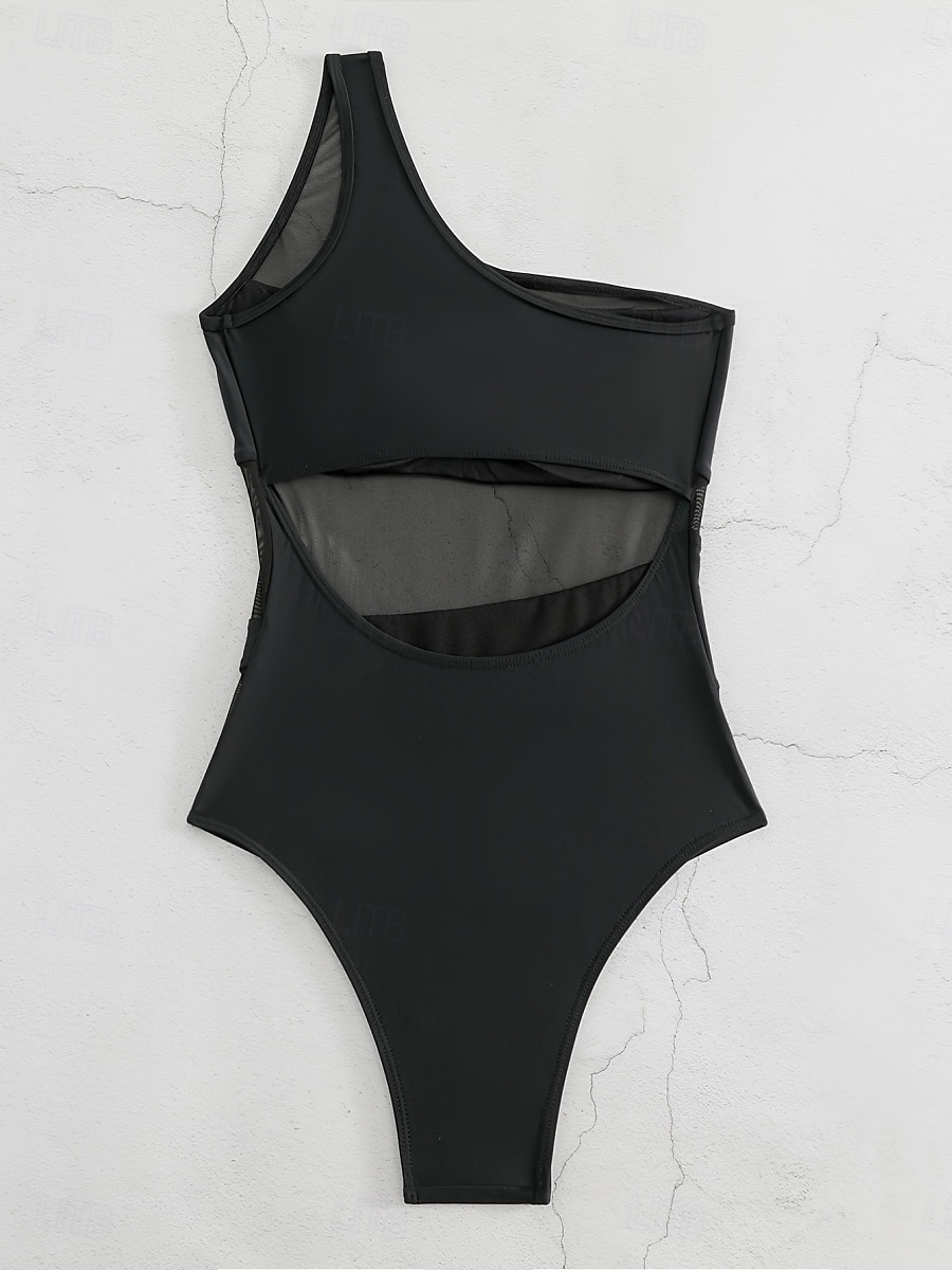 Dam Badkläder En bit Monokini Baddräkt Nät Öppen rygg Magkontroll Hög midja Smal Semester Standkläder Ensfärgat Asymmetrisk hals Ärmlös Baddräkter 2025 - $27.99 –P5