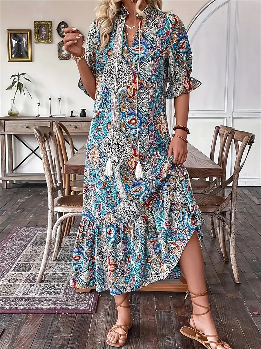Women's Maxi Dress Casual Dress Boho Dress Cute Stylish Casual Vacation Daily Loose Fit Graphic 3/4 Length Sleeve V Neck Red Blue Orange Summer Spring Fall 2026 - $31.99 –P9