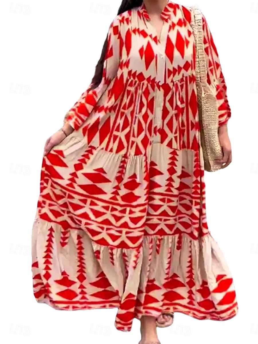 Női Maxiruha hétköznapi ruha Boho elegáns ruhák Csehország aranyos stílus Stílusos Vakáció Napi Tengerpart Laza öltözet Grafika Rövid ujjú V-alakú Fekete Rubin Medence Nyár Tavasz Ősz 2025 - $41.99 –P2