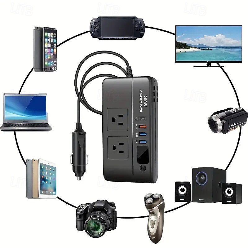 200w autós inverter dc 12v-110v ac autó inverter 3 usb 1 Type-c port töltő adapter autós dugós átalakító be/ki kapcsolóval és áram LED képernyővel személyautókhoz és teherautókhoz 2025 - $52.99 –P1