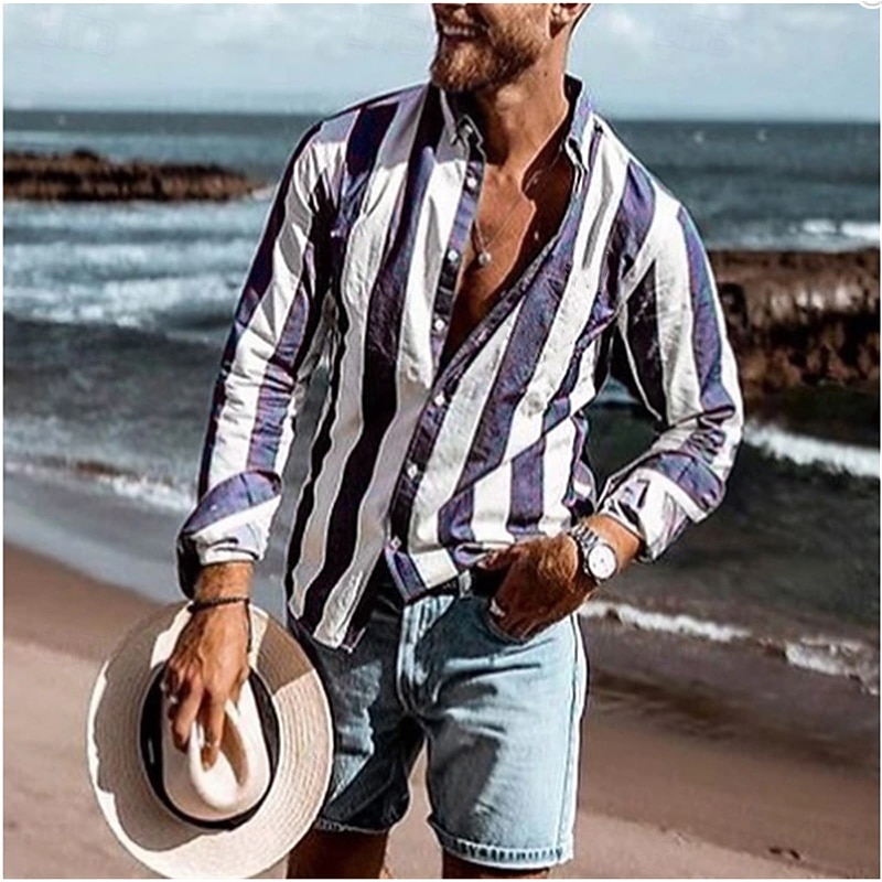 Men's Striped Geometric Pattern Shirt Long Sleeve Sports Fashion Designer Daily Holiday Spring, Fall, Winter, Summer Turndown Button-Down Purple Green Blue-White Gray 2025 - $26.99 –P2