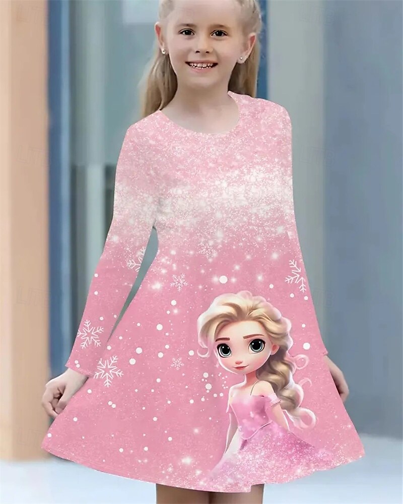 Tyttöjen 3D Kuvitettu Piirretty Lumihiutale Mekko Pitkähihainen Kesä Kevät Loma Päivittäin Pyhäpäivä Prinsessa Kaunis Makea Lapset 4-12 vuotta Rento mekko A linjainen mekko Polvipituinen Normaali 2025 - $16.99 –P3
