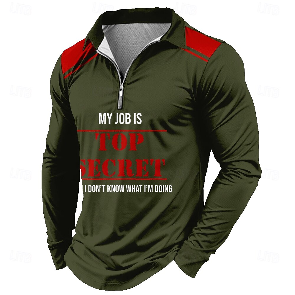 2025年 男性用 レタード ジップポロシャツ ゴルフシャツ 長袖 ポロシャツ 襟付きシャツ カジュアル アウトドア ストリート 日常着 3Dプリント クォータージップポロ 春 秋冬 ブラック ブルー グリーン  コレクション – $23.99 –P5