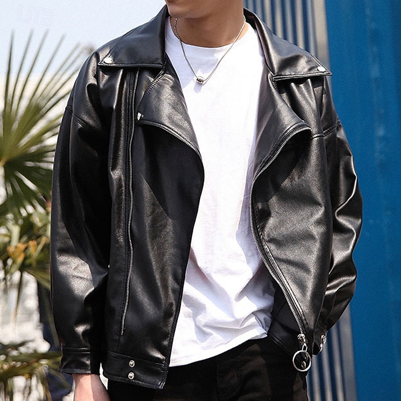Men's Faux Leather Jacket Transition Jacket Biker Jacket Motorcycle Jacket Vacation Daily Windproof Warm Pocket Fall & Winter Plain Fashion Classic Lapel Regular Black Jacket 2026 - $54.99 –P1