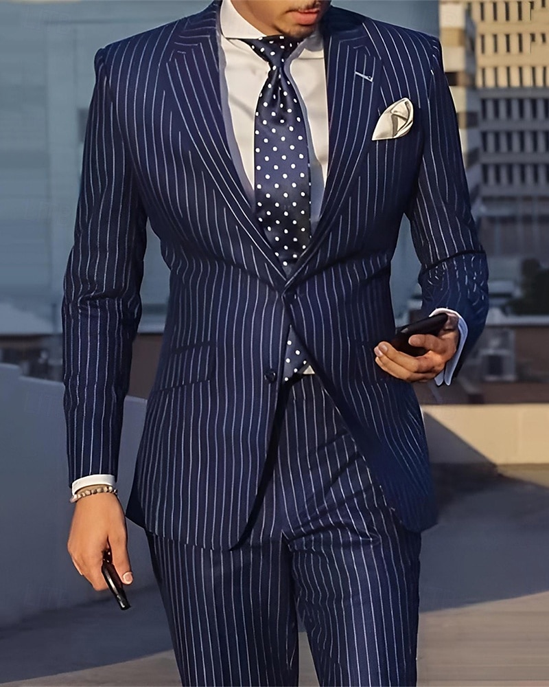 Herr Uppsättning Kavaj Företag Cocktailfest Bröllopsfest Mode Ledigt Vår & Höst Polyester Rand Knappar Ficka Bekväm Enkelknäppt Blazer Svart Marinblå 2025 - $97.99 –P4