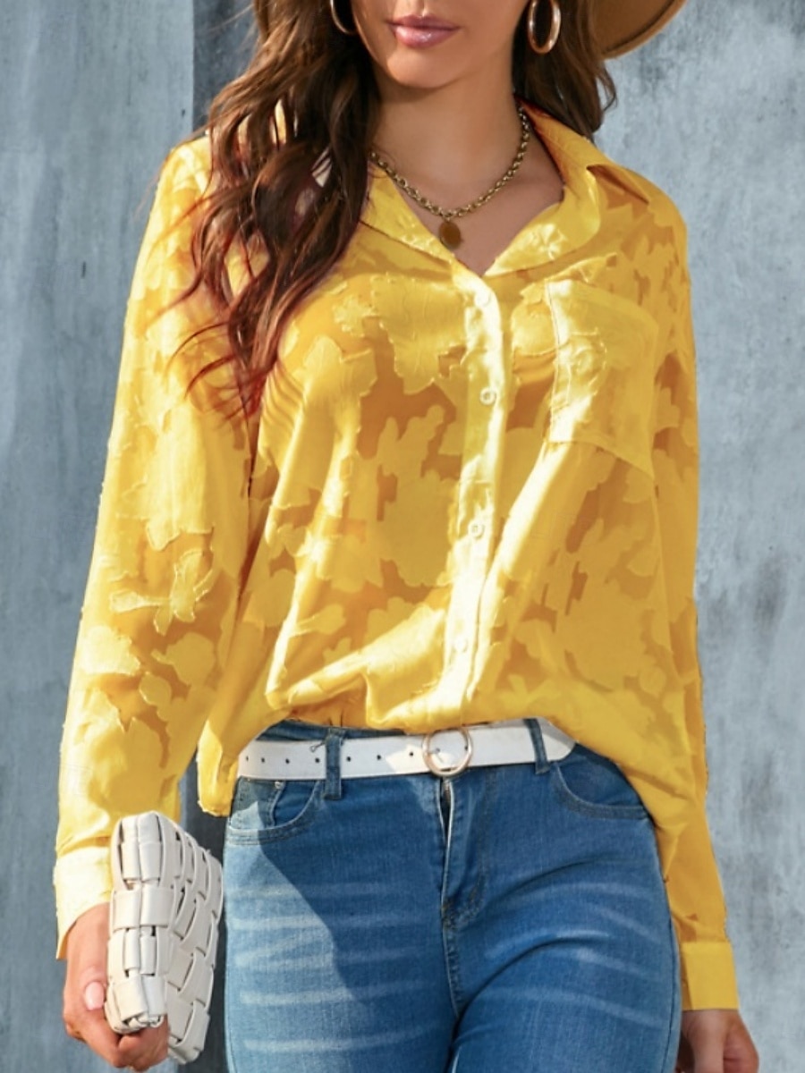Kvinners hvite elegante blonde topper øyelet bluse uformell ensfarget vanlig topper lang erm skjortekrage knapper lomme vanlig passform daglig romantiske petite topper sommerferie slitasje hvit gul 2025 - $21.99 –P11