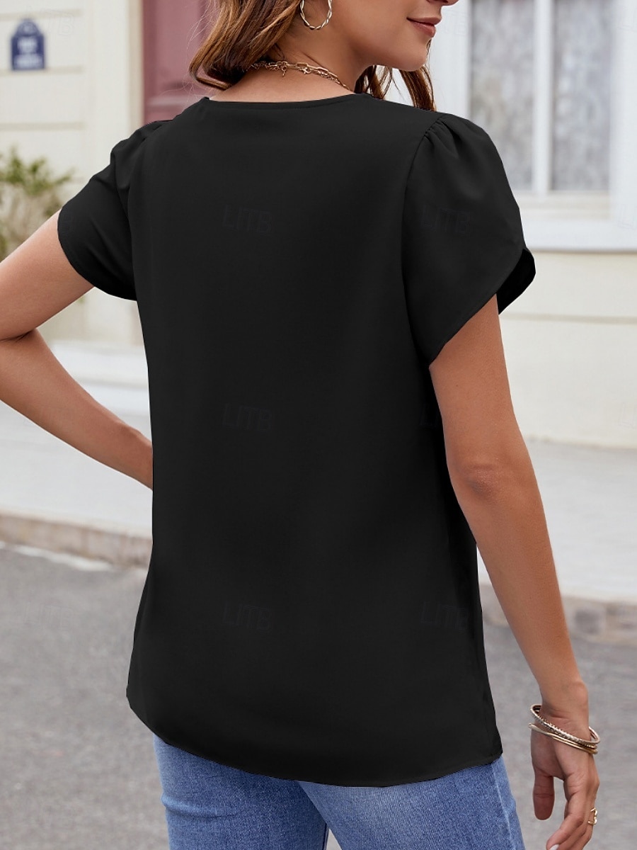 Dame Skjorte Bluse Helfarge Grunnleggende Fritid Kortermet V-hals Vanlige topper Daglig Perler Svart Himmelblå Fuksia Sommer Vår 2025 - $23.99 –P10