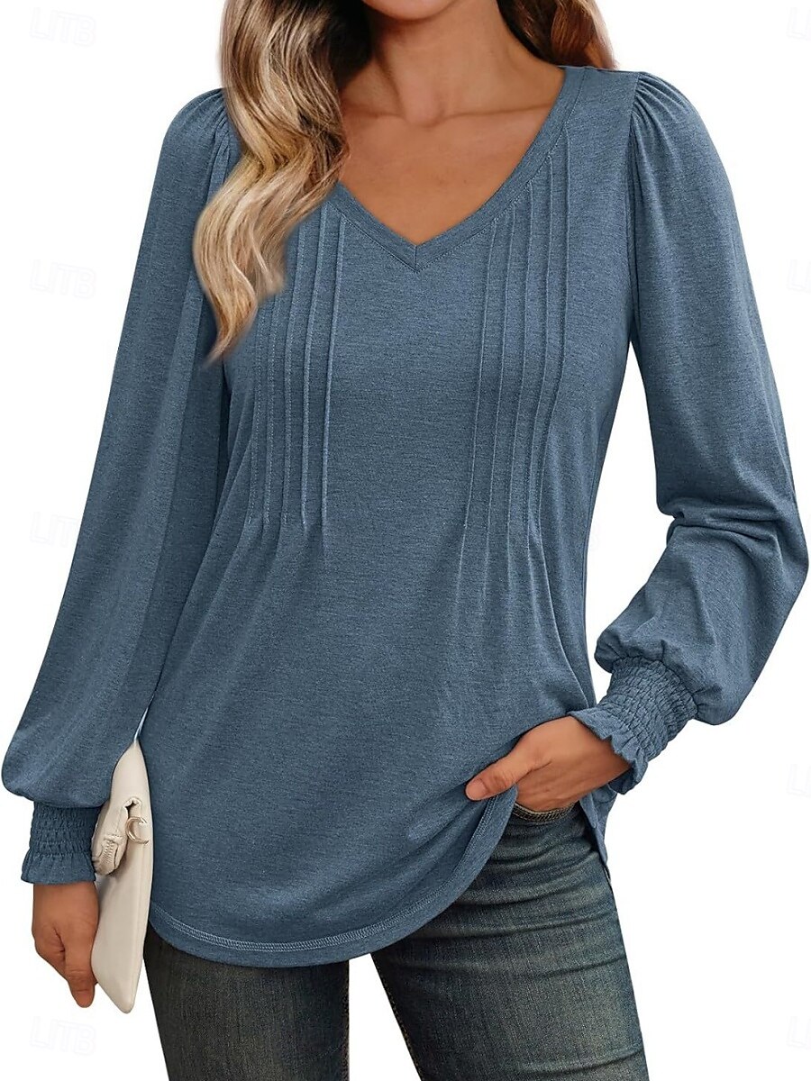 Dame Skjorte Bluse Helfarge Grunnleggende Fritid Langermet V-hals Vanlige topper Daglig Rynket Smukket Rosa Blå Grønn Sommer Vår 2025 - $29.99 –P6