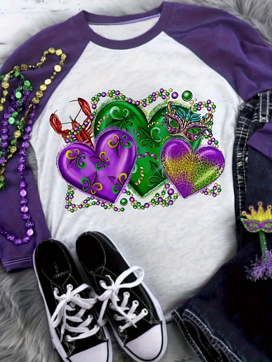 Mardi Gras Women's T Shirt Heart Casual Long Sleeve Crew Neck Long Tops Daily Print Purple Spring Fall 2025 - $27.99 –P1