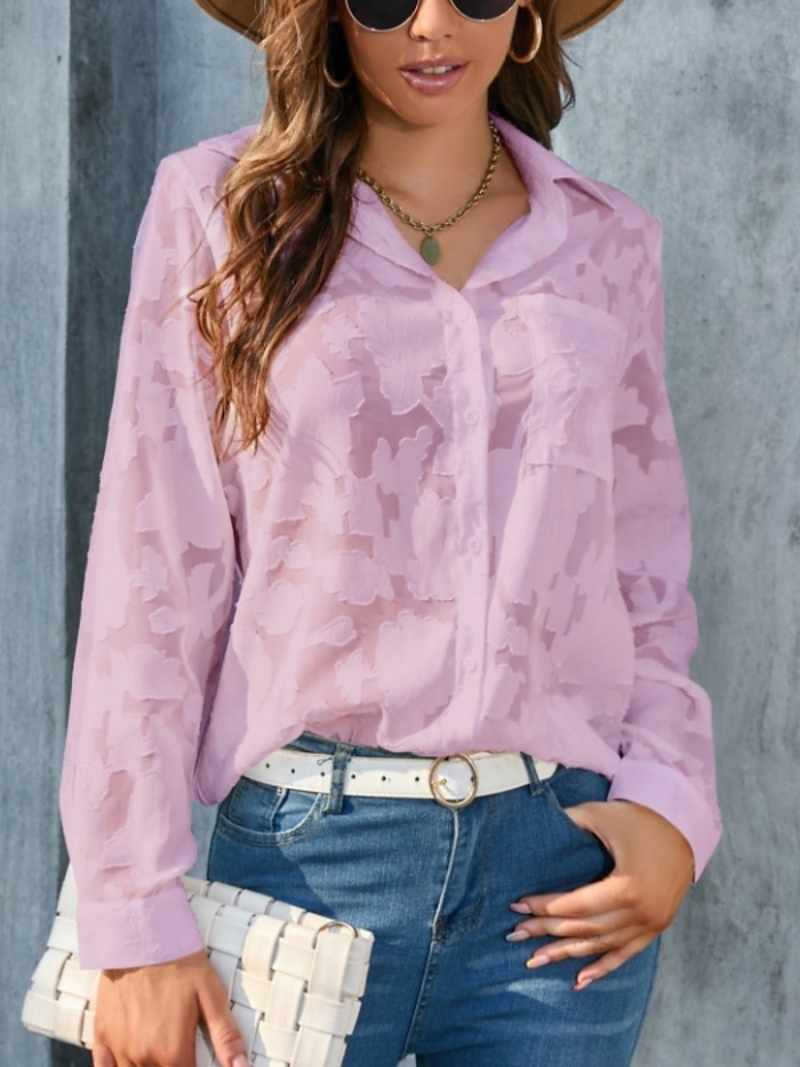Kvinners hvite elegante blonde topper øyelet bluse uformell ensfarget vanlig topper lang erm skjortekrage knapper lomme vanlig passform daglig romantiske petite topper sommerferie slitasje hvit gul 2025 - $21.99 –P13