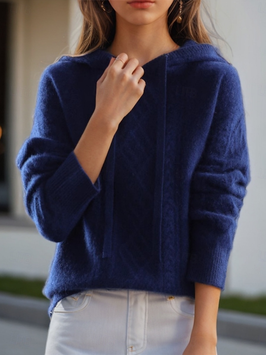 Women's Sweater Casual Soft Pure Color Ribbed Hooded Knitted Long Sleeve Regular Tops Knit Outdoor Daily Weekend White Navy Blue Fall Winter 2025 - $47.99 –P2