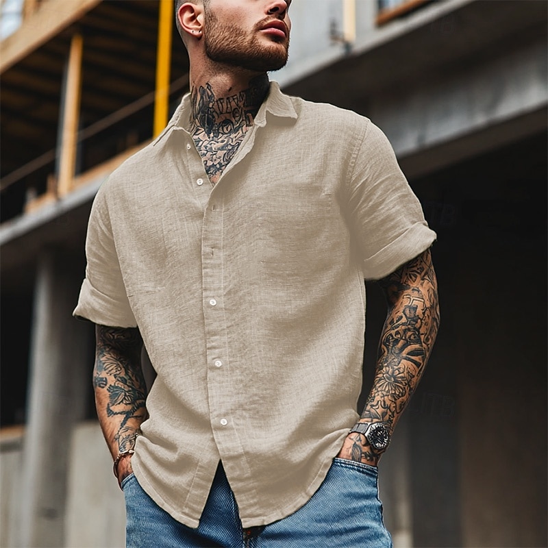 Cotone e lino Classico Per uomo Camicia camicia di lino Camicia estiva Camicia da spiaggia Camicia con bottoni Nero Bianco Blu Manica corta Liscio Collo ripiegabile Estate Da mare Per eventi del 2025 a $25.99 –P6