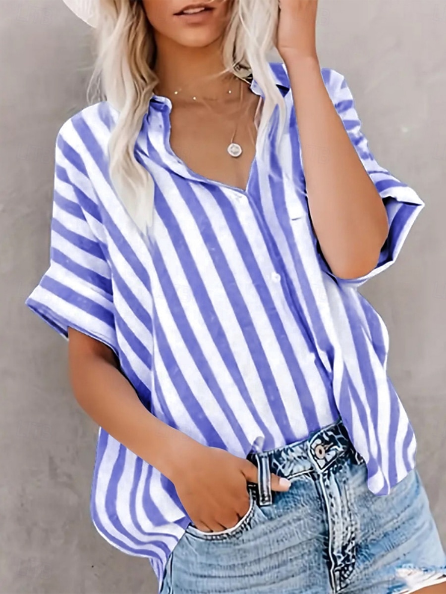 Women's Shirt Blouse Striped Casual Short Sleeve Shirt Collar Regular Tops Daily Buttons Print Blue Gray Summer Spring 2025 - $28.99 –P1