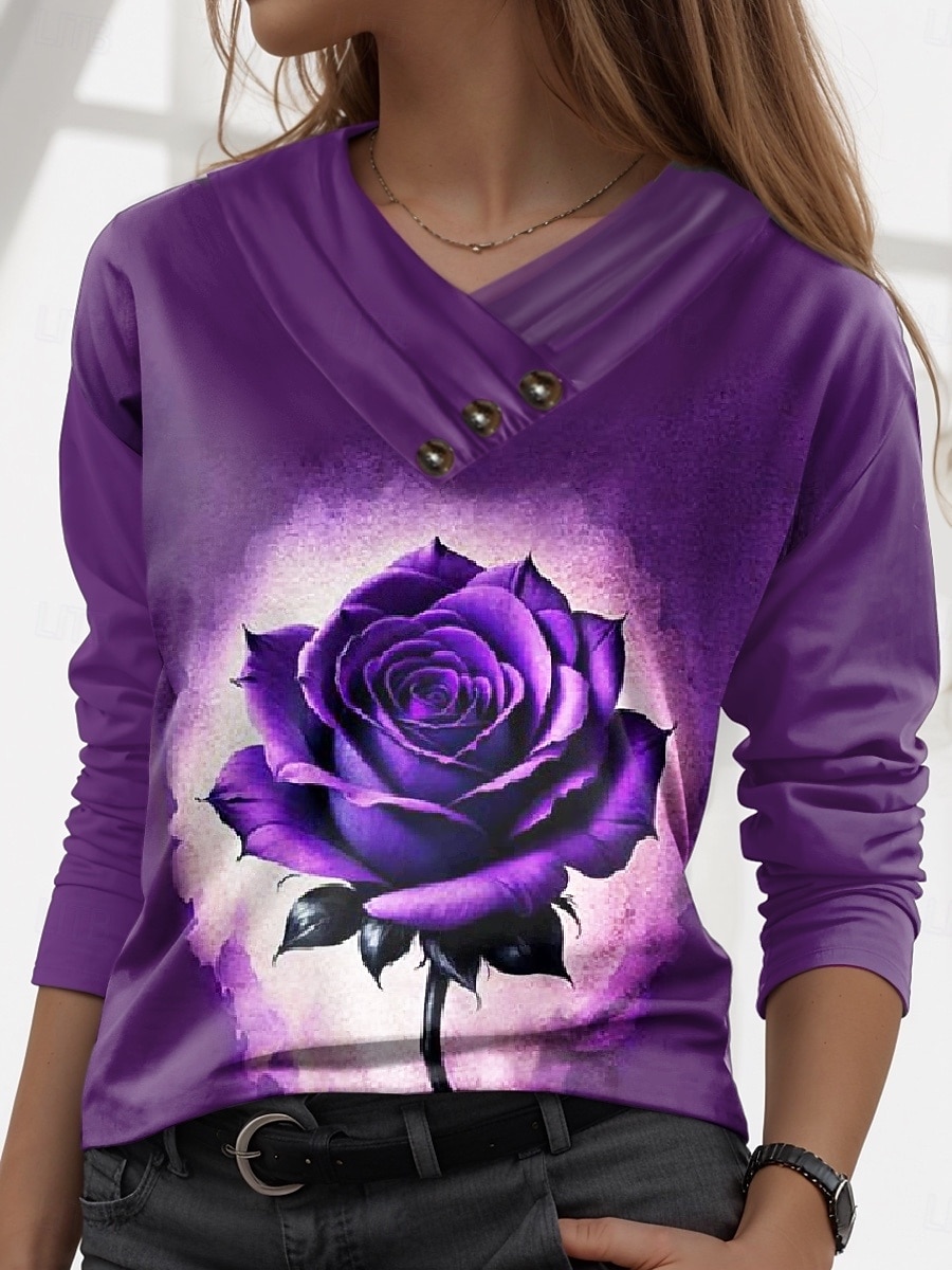 Valentine Dame Rose T Skjorte Vanlige Topper Lang Erme V-hals Knapper Trykk Vanlig Passform Daglig Stilig Uformell Rosa Lilla Høst Vinter 2025 - $24.99 –P1