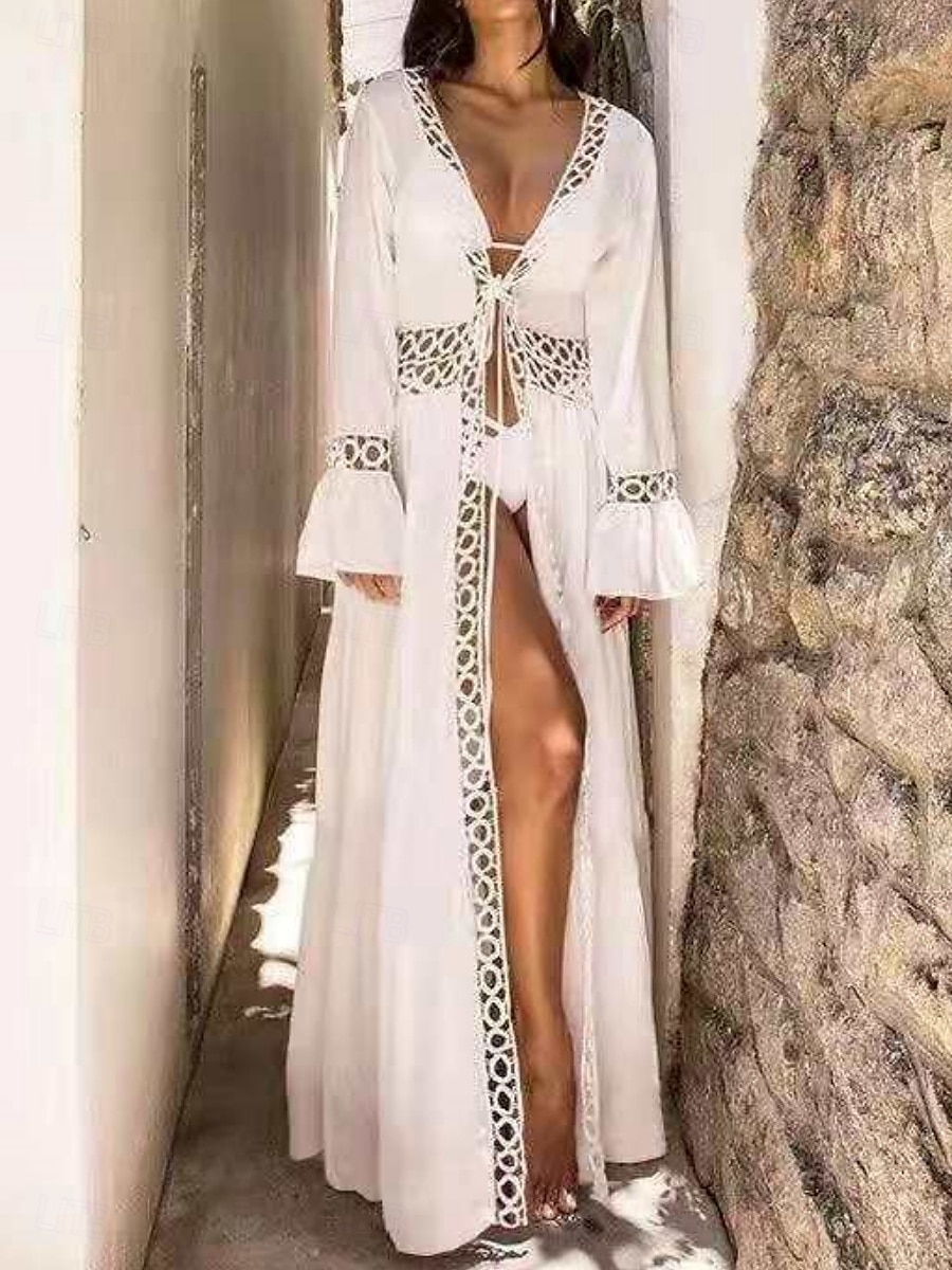 Robes de plage femme couvrant maillots de bain en dentelle patchwork Vêtements de plage de vacances Couleur unie à manches longues de 2025 ? $34.99 –P1