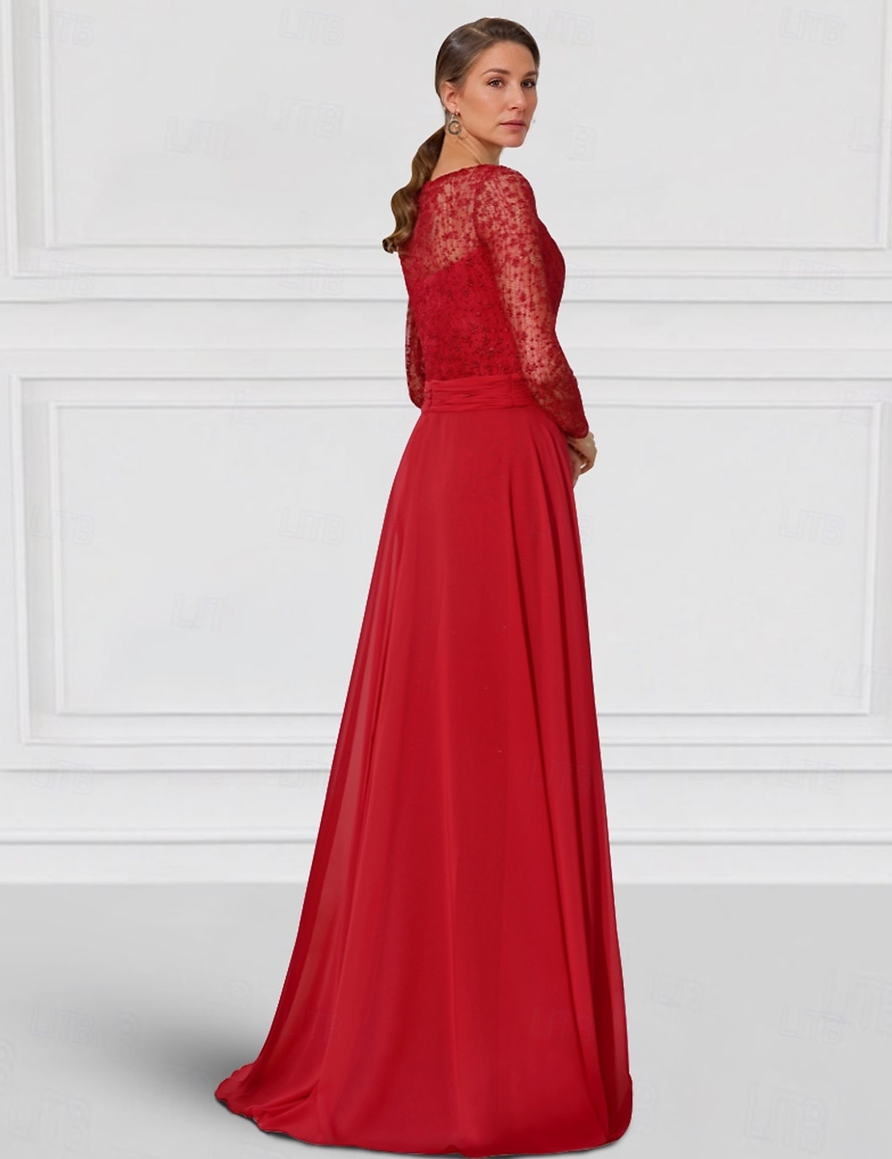 Kleid  Säulen-Kleid Brautmutter Kleid Elegantes Bateau-Ausschnitt Bodenlang Chiffon Spitze Lange Ärmel mit Spitze Einfarbig 2025 - $169.99 –P3