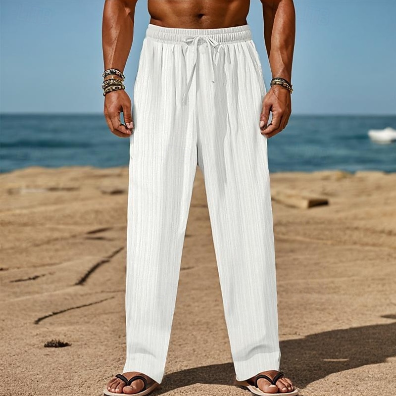 Herr Linne Byxor Långbyxor Sommarbyxor Strandbyxor Snörning Elastisk midja Rakt ben Slät Komfort Andningsfunktion Fullängd Dagligen Helgdag Strand Semester Mode Svart Vit 2025 - $20.99 –P1