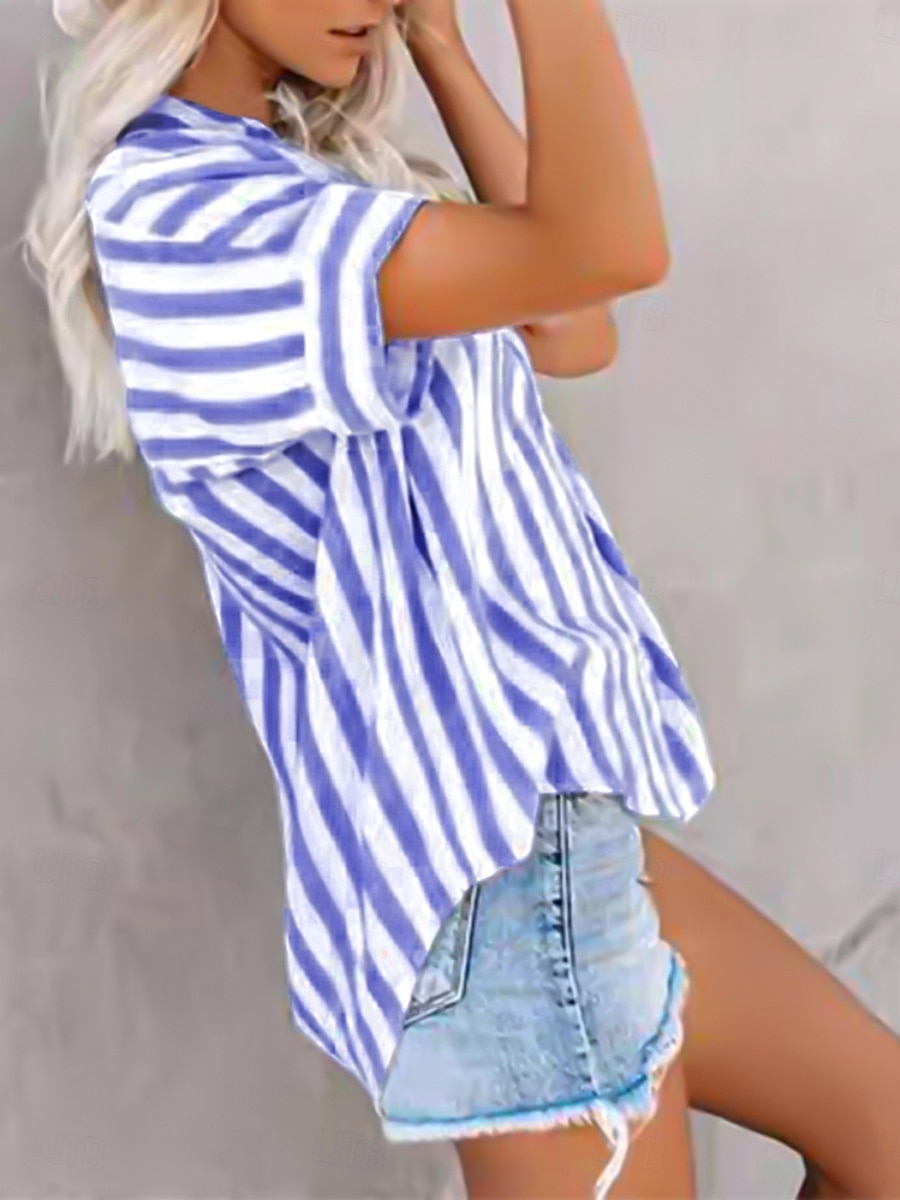 Women's Shirt Blouse Striped Casual Short Sleeve Shirt Collar Regular Tops Daily Buttons Print Blue Gray Summer Spring 2025 - $28.99 –P4