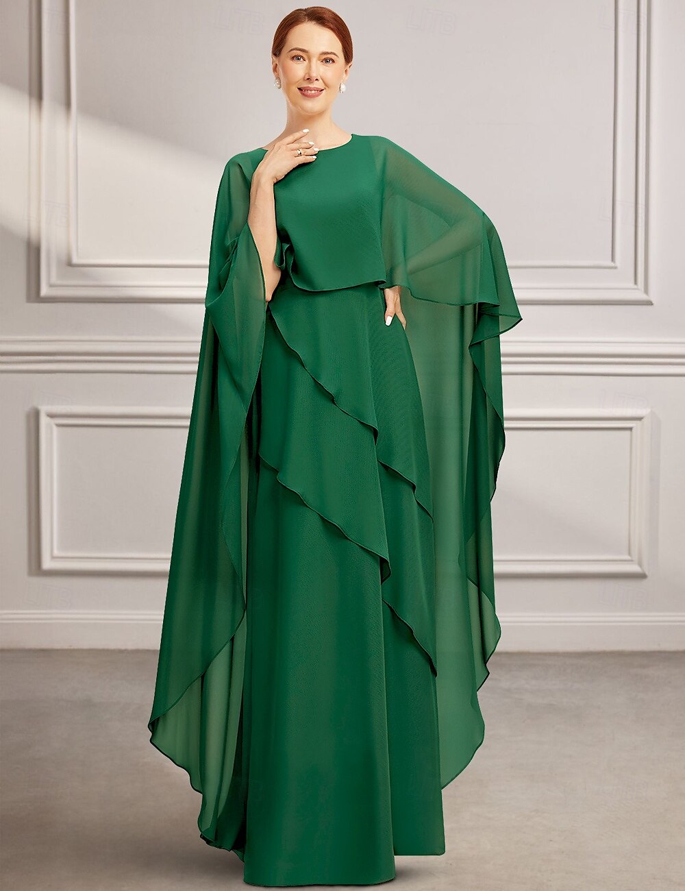 Abito A-Line per la madre della sposa Elegante Vintage Semplice Collo a Gioiello Lunghezza Filo Chiffon Maniche a Tre Quarti con Volant 2025 del 2025 a $174.99 –P1