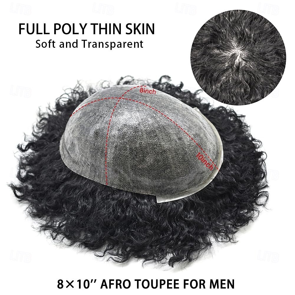 afro toupee mustille miehille afro aaltoileva miesten toupee hiusten korvausjärjestelmät täysi poly ohut iho injektio afrikkalainen mies afro kihara toupee pu 1# jet black-10mm 2025 - $316.79 –P1