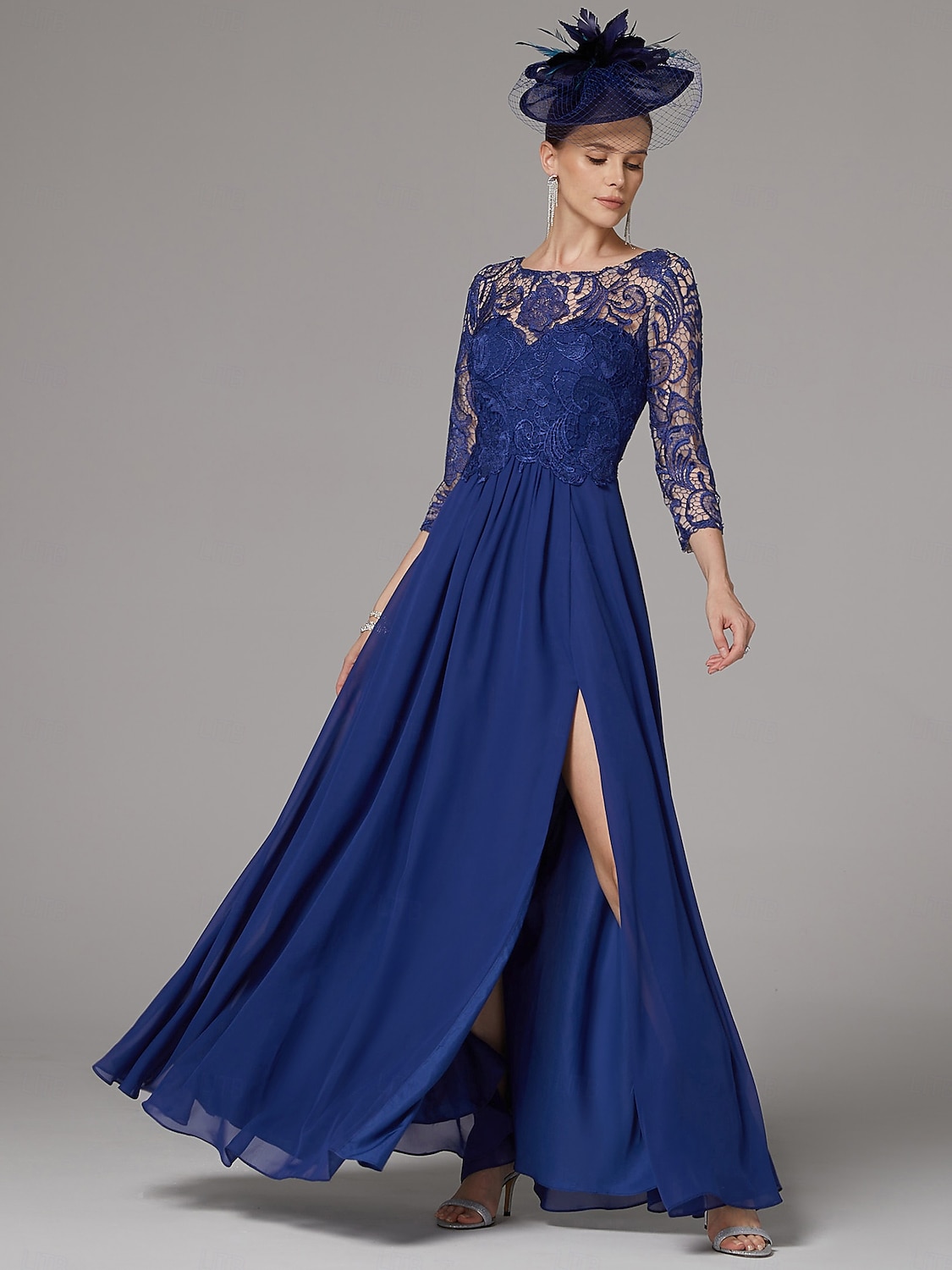 A-Linien-Kleid, elegantes Kleid für die Mutter der Braut, hoher Schlitz, U-Boot-Ausschnitt, bodenlang, Chiffon, 3/4-Ärmel mit Spitzenapplikationen, 2025 2025 - $150.99 –P6