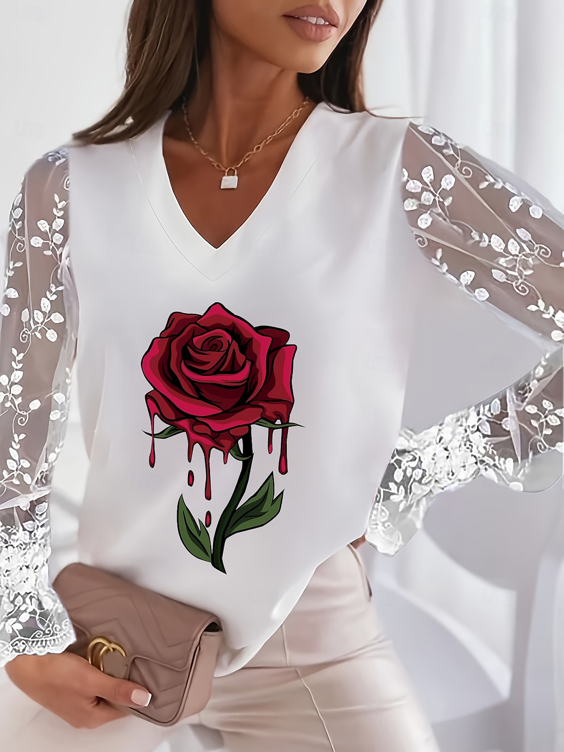 női valentin szív póló csipke toldás felső elegáns divat aranyos szív grafika normál felsők hosszú ujjú lámpás ujjú nyak csipke patchwork rendes fit party valentin nap 2025 - $21.99 –P5