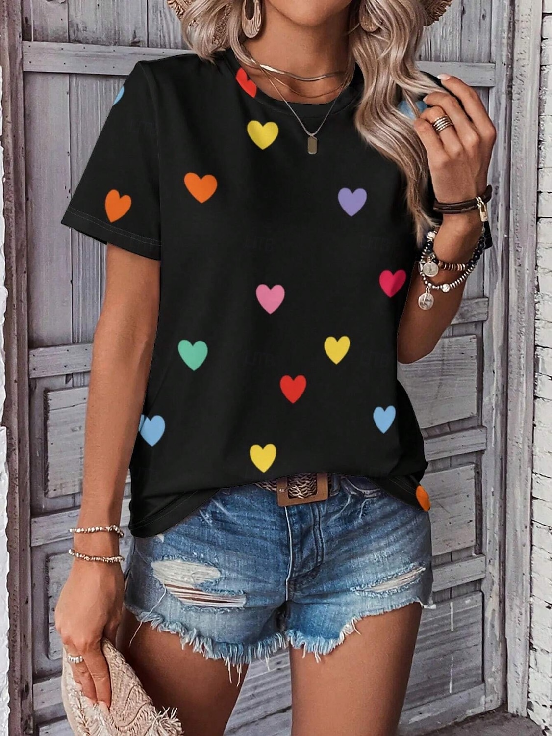 Tricou pentru femei inimă drăguț topuri regular mânecă scurtă guler rotund imprimeu regular fit zilnic negru alb vară 2025 - $19.99 –P4