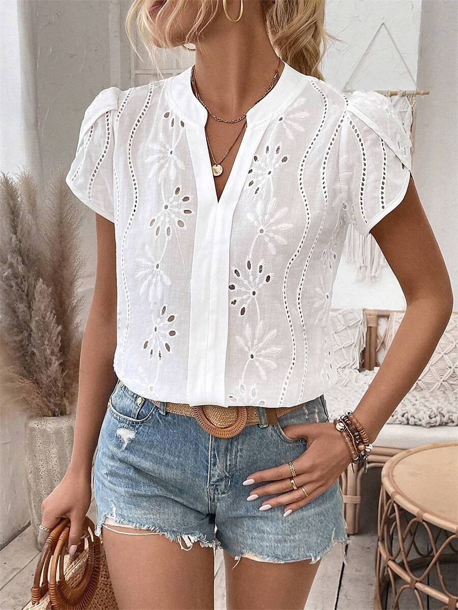 Dame Skjorte Bluse Helfarge Daglig Stilfull Fritid Kortermet V-hals Vanlige topper Arbeid Daglig Ut på byen Broderi Hvit Sommer Vår 2025 - $32.99 –P10