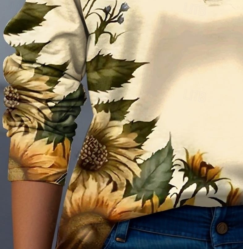 Camiseta feminina moderna floral manga longa decote em V colarinho blusas regulares trabalho estampa preto rosa azul verde bege verão primavera outono de 2025 por GBP £21 –P3